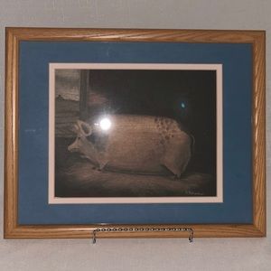 Vintage 80s RARE Prized Sow Pig Print Framed Wall Art Home Deco Schneeman 1987